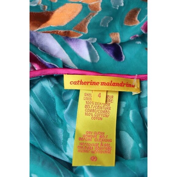 Catherine Malandrino Women's Size 4 Green Pink Blouse Floral Belted Silk Shirt - Picture 3 of 6